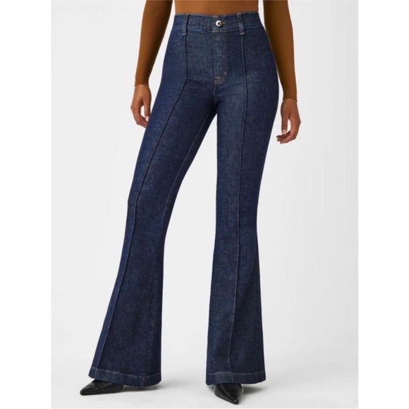 SPANX Denim - Spanx Pintuck Flare Seam Front Raw Indigo High Rise Jeans Size Medium